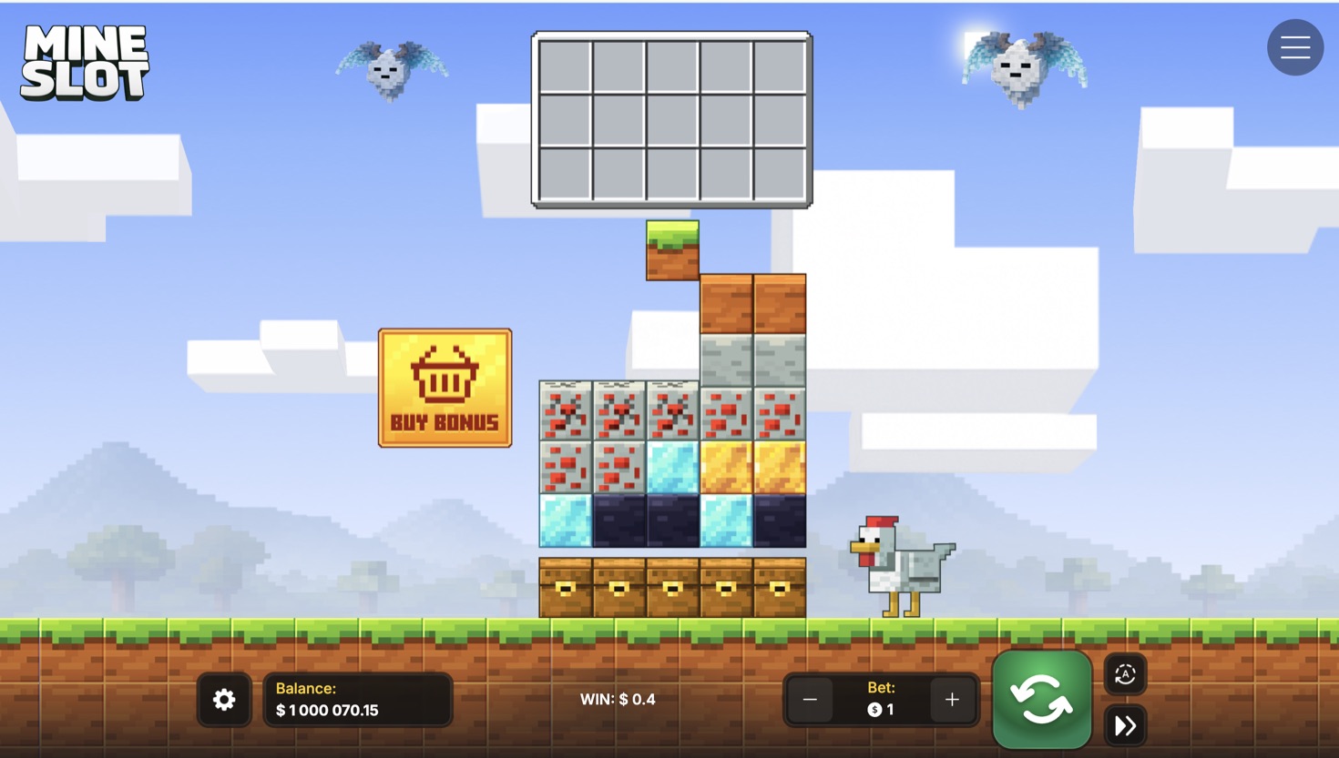 Игровое поле Mine Slot в демо-режиме: сетка инвентаря сверху, слои блоков руды и золота, ряд сундуков внизу, панель ставки и виртуального баланса