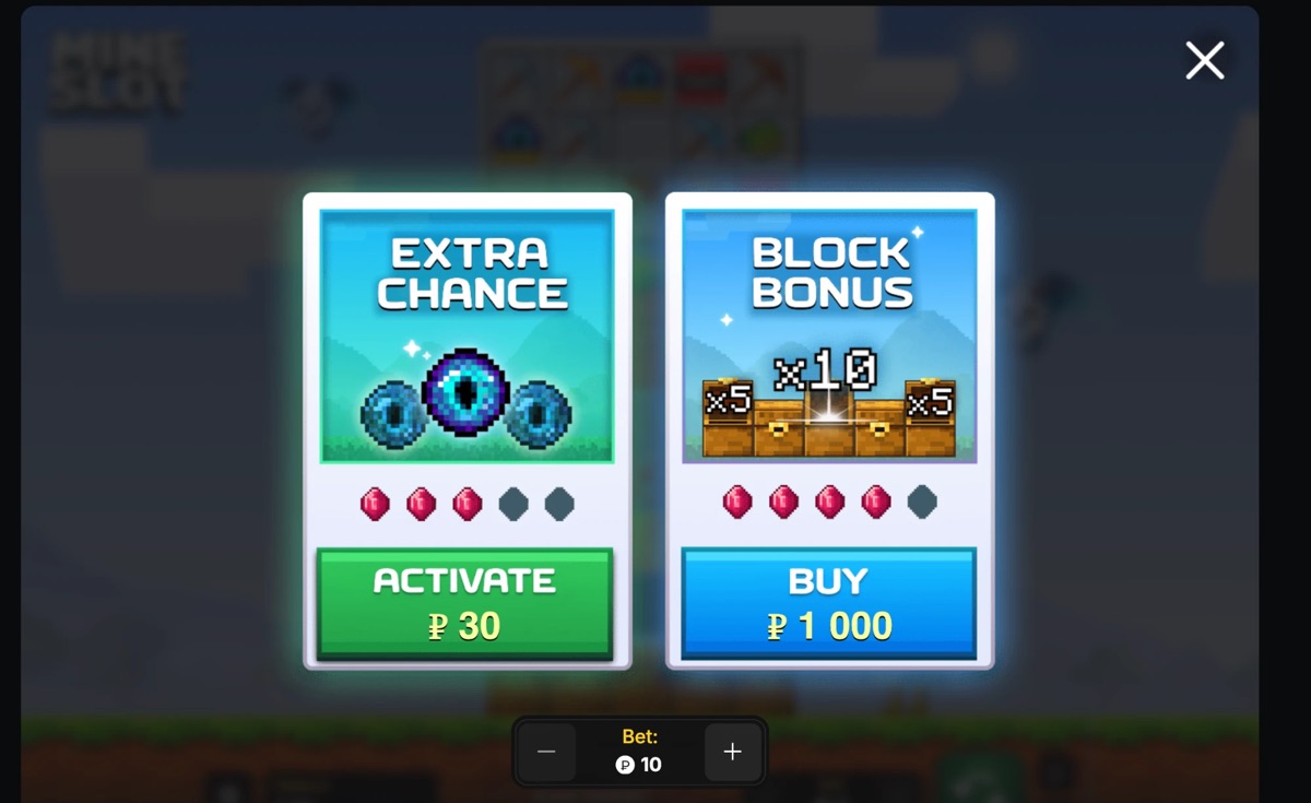 Экран покупки в Mine Slot: Extra Chance за 30 ₽ и Block Bonus за 1000 ₽ при ставке 10 ₽